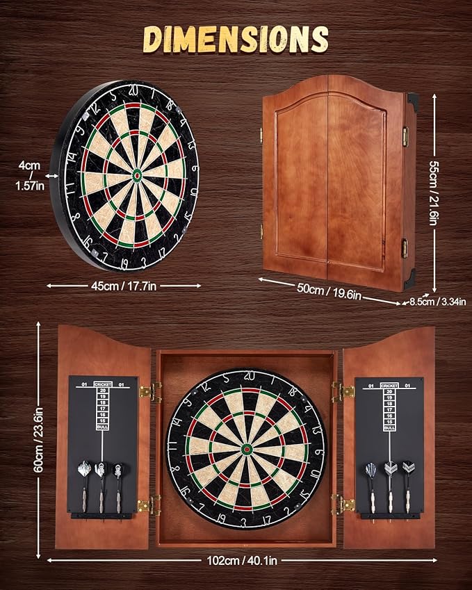 Sisal Dart Board Cabinet Sets, Decorative Dart Boards for Adults [6*Steel Darts] - Wooden Dartboard Cabinet with Integrated Scoreboard for Family Game Rooms