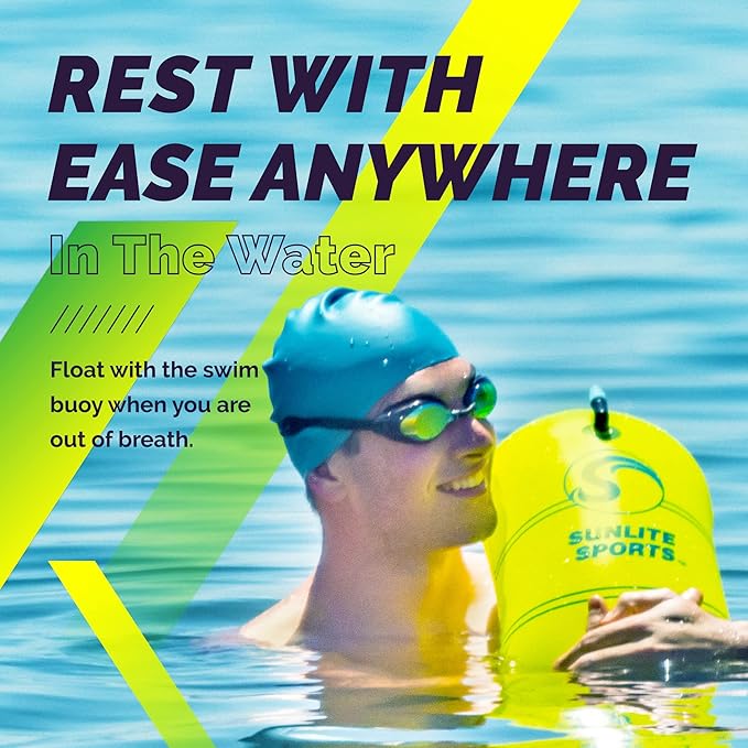 Sunlite Sports Swim Buoy Premium Quality, Highly Visible Waterproof Safety Marine Float Training for Open Water Swimming, for Swimmers, Triatheletes, Kayakers, Snorkelers, Throwable Flotation Device for Adults