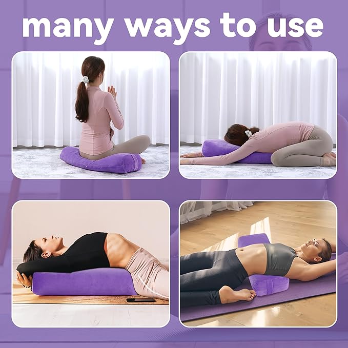 ROYALAY 2 Pcs Yoga Bolster Pillow for Restorative Yoga, Rectangular and Cylinder Meditation Pillow Set with Carrying Handles, Supportive Cushion for Exercise Workout Stretching Meditation,Purple-FlexoryFit