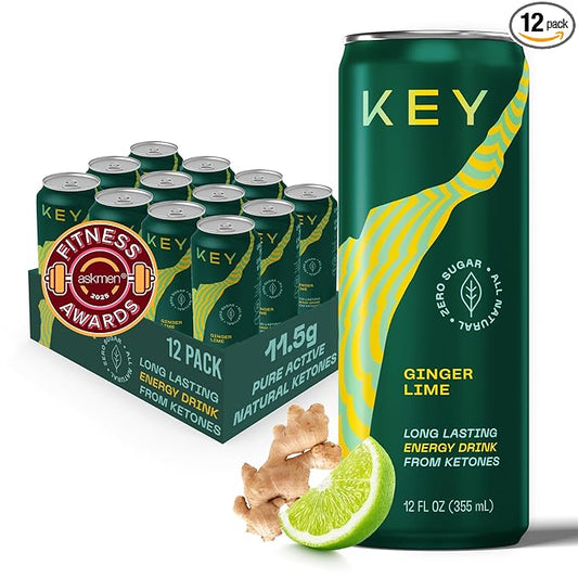 KEY Ketone Energy Drink : Sugar Free, 80mg Low Caffeine, All Natural, 11.5g Ketones, Long Lasting Energy, Green Tea & L-Theanine for Mental Focus, Ginger Lime (Pack of 12)-FlexoryFit