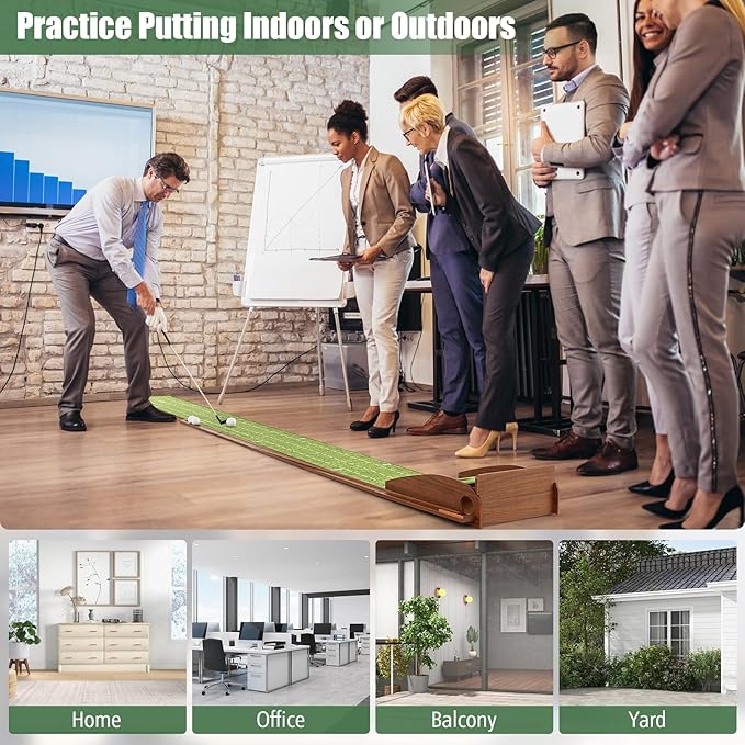 Tangkula 10 FT Golf Putting Green, 2/3-Hole Golf Putting Practice Mat with Auto Ball Return for Indoors & Outdoors, Alignment Guides & 3 Golf Balls, Mini Golf Game for Home and Office