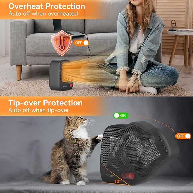 shinic Small Space Heater with Overheat Protection, 500W Mini PTC Ceramic Heater, Fast Heating and Quiet, Portable Electric Heater for Indoor Use Office Room Desk Home, Black