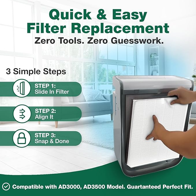 Air Purifier Filter Replacement – Compatible with Air Doctor AD3000 / AD3500 – Includes 1 Efficient Air Filter and 2 Carbon Filters + 2 Pre Filters - This is Third Party-Product