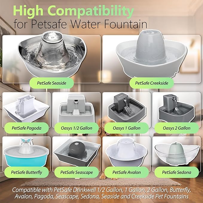 4+4 Pack Cat Water Fountain Replacement Carbon Filter Compatible with PetSafe Drinkwell Ceramic & Stainless Steel Pet Fountains for Cat Dog Water Dispensers with Replacement Foam Filters