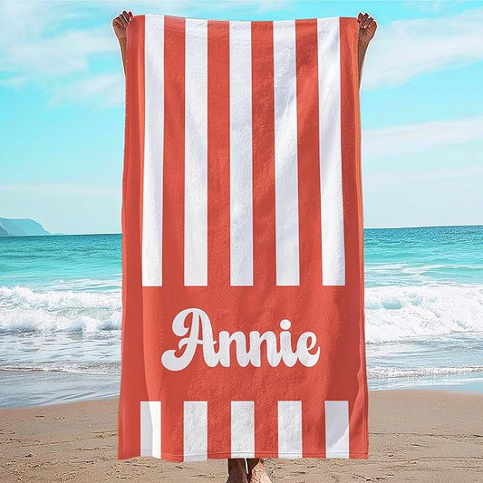 JML Personalized Beach Towel with Name, Custom Cabana Stripe Beach Towel, Customized Microfiber Pool Towel, Quick Dry & Absorbent Swim Towel for Adult,Mother's Day, Birthday, Summer Holiday,Vacation-FlexoryFit