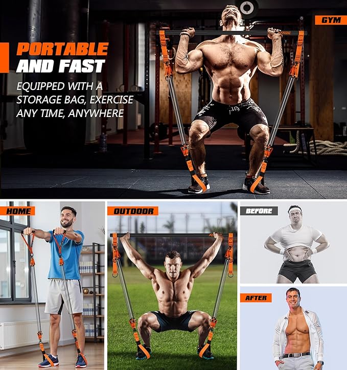 Pilates Bar Kit with Resistance Bands, Heavy Duty Pilates Equipment for Men, Strength Training Bar for Legs, Hip, Back, Arm, Abs, Chest, Shoulders, Portable Home Gym Full Body Workout Equipment-FlexoryFit