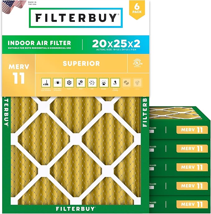 Filterbuy 20x25x2 Air Filter MERV 11 (MPR 1200) Allergen Defense Replacement (6-Pack), Electrostatic Pleated HVAC AC Furnace Filters, Made in USA (Actual Size: 19.50 x 24.50 x 1.75)