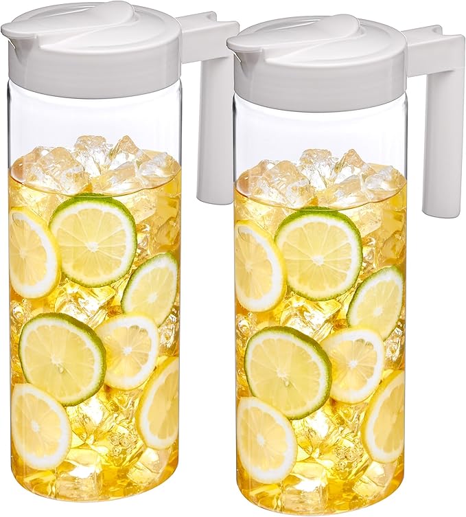 Amazing Abby - Skinny - 2-Pack Tritan Pitcher (64 oz), Unbreakable Plastic Water Pitcher with Lid, BPA-Free, Heat-Resistant, Dishwasher-Safe, Great for Both Iced and Hot Drinks, White