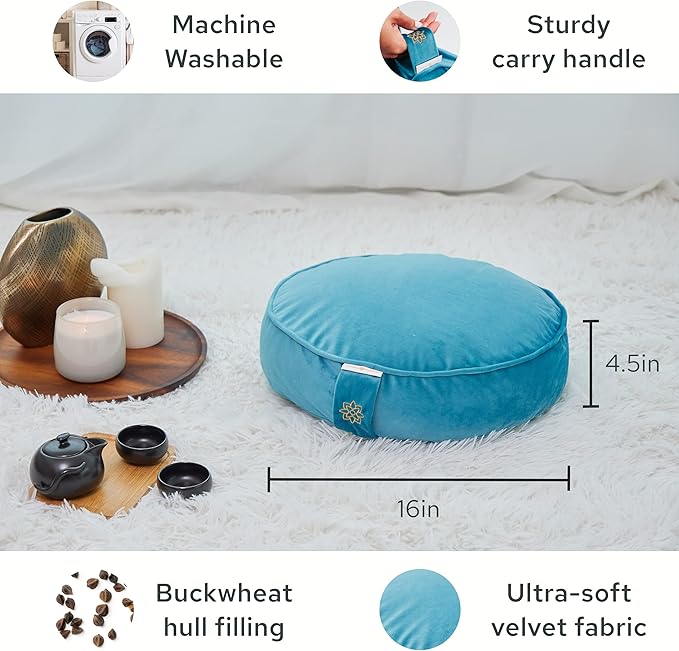 Mindful & Modern Velvet Meditation Cushion | Luxe Zafu Yoga Floor Pillow Seat | Posture Support | Buckwheat Hull Filled | Large Round Cushion with Removable Washable Cover + Carry Handle | Color Teal-FlexoryFit