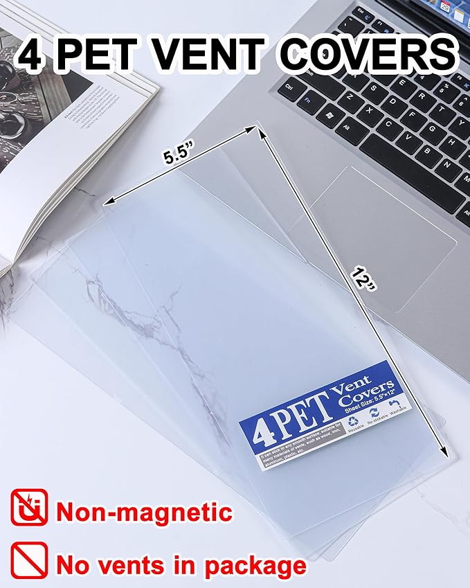 4 Pack PET Vent Covers with Nano Adhesive, 5.5" X 12" for Floor, Wall, Ceiling Vents and Air Registers, for RV, Home, Office AC Vents, Non-Magnetic, Fits on Plastic, Wood, Iron, Aluminum Vent Covers