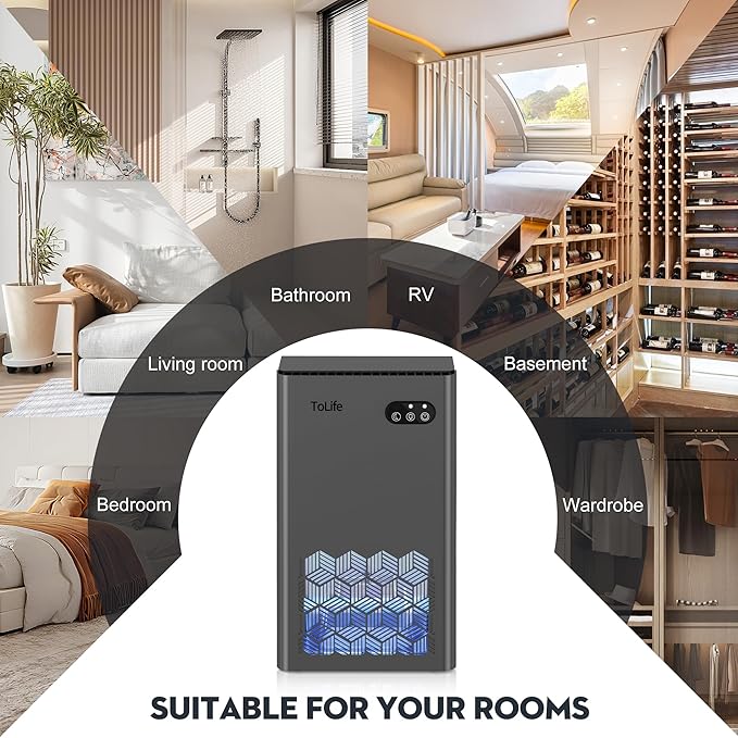 ToLife Dehumidifier for Home 95 OZ Water Tank, 1000 sq.ft Dehumidifiers for Basement Bedroom Bathroom with Auto Shut Off 7 Colors LED Light,Grey