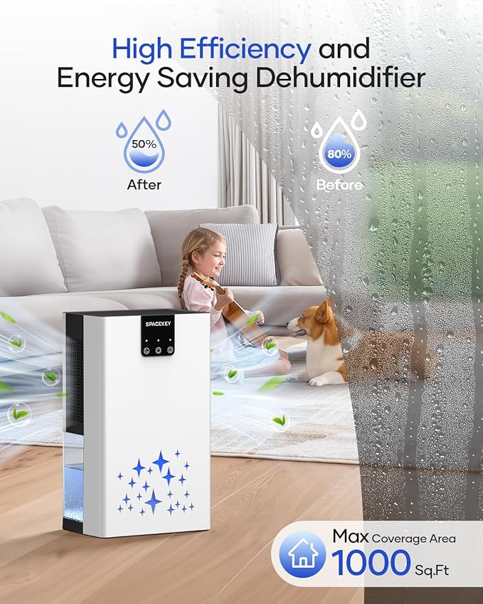Dehumidifier, 95 OZ Water Tank Dehumidifiers for Home, 1000 sq. ft. Dehumidifier for Basement Bathroom Bedroom with Auto Shut Off, 7 Colors LED Light, Quiet Dehumidifiers with Sleep Mode, White