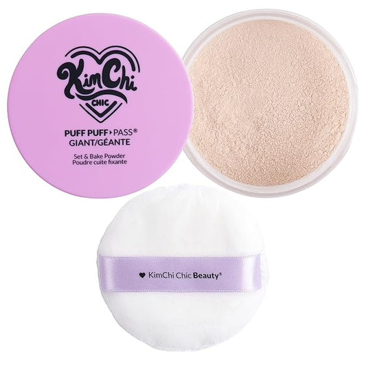 KimChi Chic Giant Puff Puff Pass Set & Bake Powder - Loose Setting Powder with Rice & Vitamin E, Finely Milled for All Day Wear, Translucent 80g-FlexoryFit