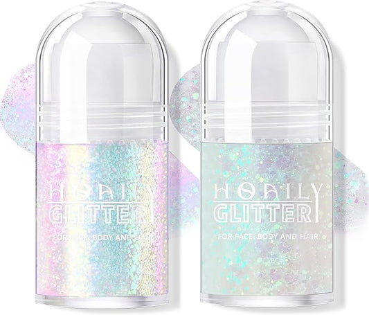 2 Colors Roll-on Body Glitter Gel, Holographic Glitter Gel Under Light for Face Hair, Body Shimmer for Rave Accessories Christmas New Year Halloween Makeup (8+11)-FlexoryFit