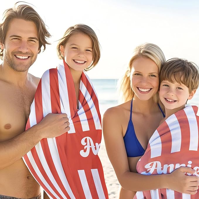 JML Personalized Beach Towel with Name, Custom Cabana Stripe Beach Towel, Customized Microfiber Pool Towel, Quick Dry & Absorbent Swim Towel for Adult,Mother's Day, Birthday, Summer Holiday,Vacation-FlexoryFit