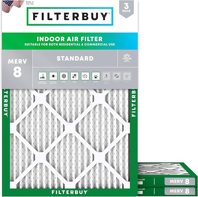 Filterbuy 20x22x1 Air Filter MERV 8 (MPR 700) Dust Defense Replacement (3-Pack), Electrostatic Pleated HVAC AC Furnace Filters, Made in USA (Actual Size: 19.50 x 21.50 x 0.75)