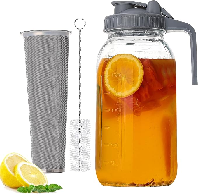 Cold Brew Maker with V-Spout, 2 Quart (64oz) Glass Pitcher with Lid, Easy Pour Breast Milk Pitcher for Iced Tea, Cold Brew Coffee, Milk and Water - Grey