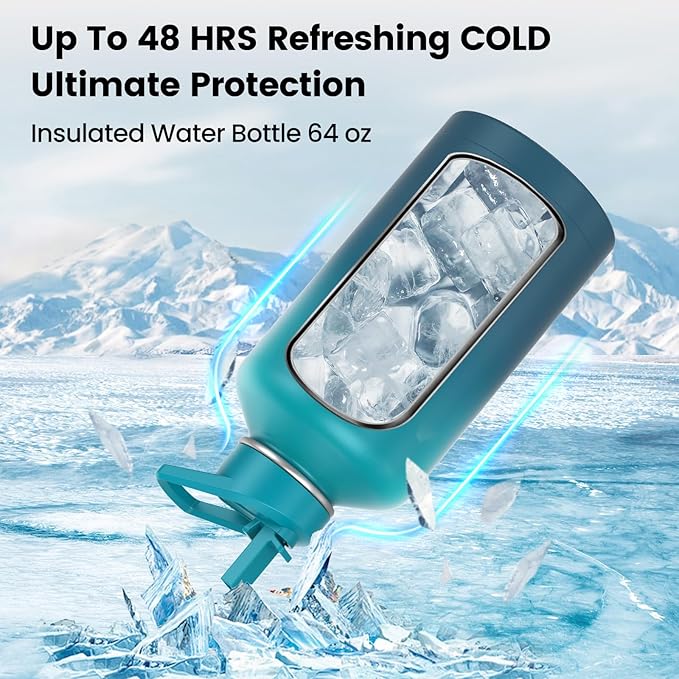 Insulated Water Bottle 64 oz, Triple Wall Vacuum Stainless Steel(Cold for 48 Hrs),Leak Proof & BPA-Free,Half Gallon Water Bottle with Reflective Paracord & Flip Straw for Sports & Travel, CyanBlue-FlexoryFit