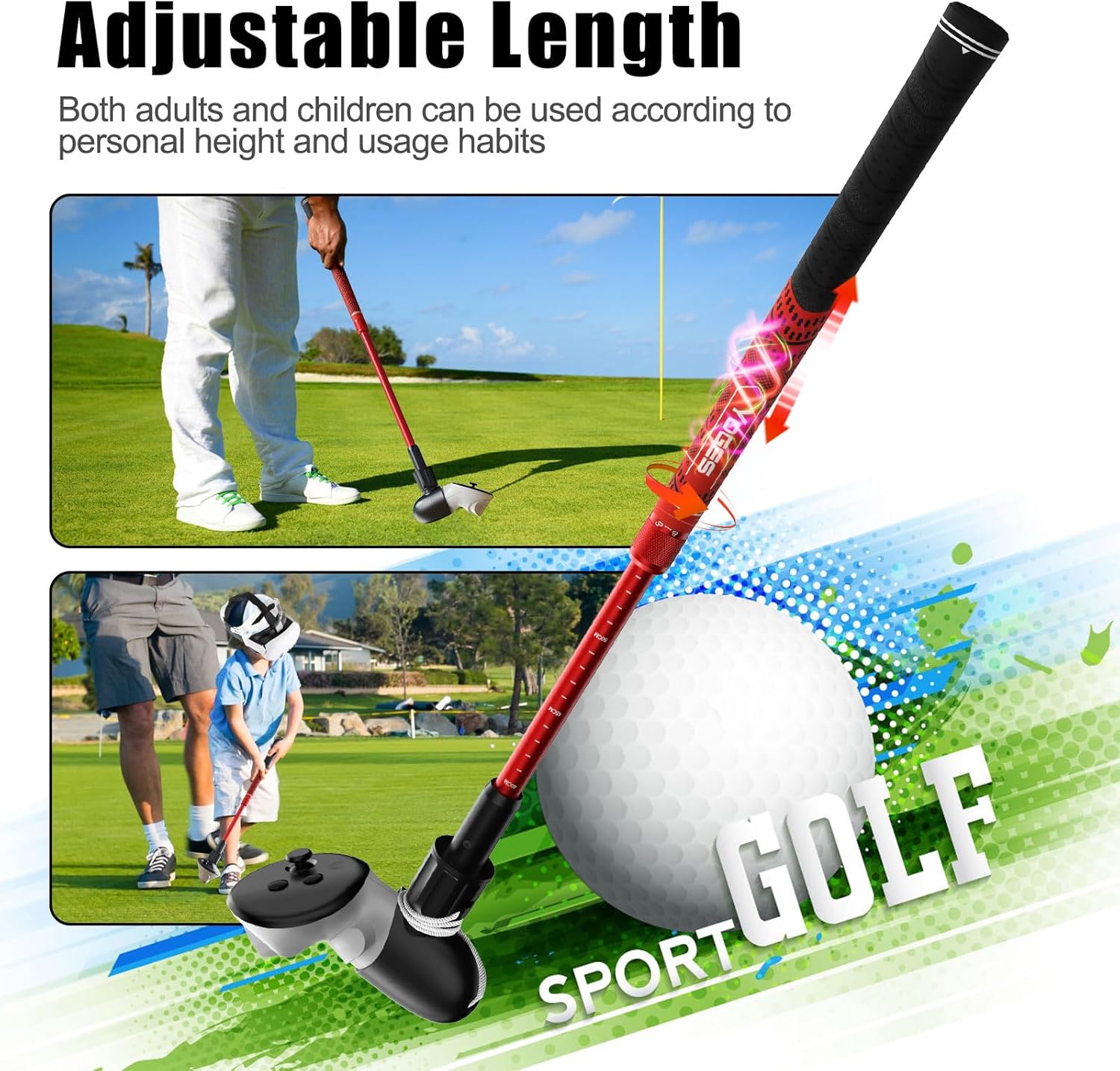 YOGES Adjustable Length VR Golf Club Handle for Meta Quest 3S/Quest 3/Oculus Quest 2, 90 Degree Virtual Reality Baseball Controller Attachment, Simulator Real Golf Game (ONLY for Right Controller)