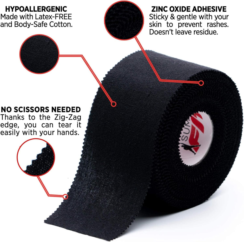 Black Athletic Tape Extremely Strong: 8 Rolls + 2 Finger Roll. Easy to Apply & No Residue. Sports Tape Athletic for Boxing Football Climbing or Gymnastics for Wrist Ankle & Hand Protection