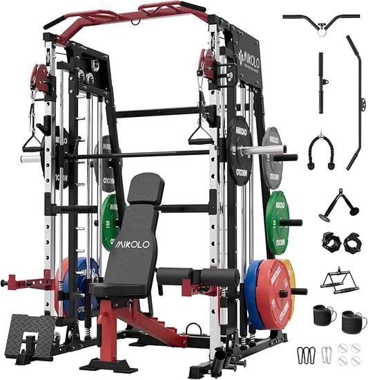 Mikolo Smith Machine, 2200lbs Squat Rack with LAT-Pull Down System & Cable Crossover Machine, Training Equipment with Leg Hold-Down Attachment-FlexoryFit