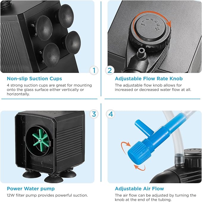Internal Fish Tank Filter, 12W Adjustable Water Flow Submersible Aquarium Filter Pump for 40~60 Gallon Freshwater or 25~45 Gallon Saltwater, 2 Mode Aeration & Rainfall, TE-900(250GPH)
