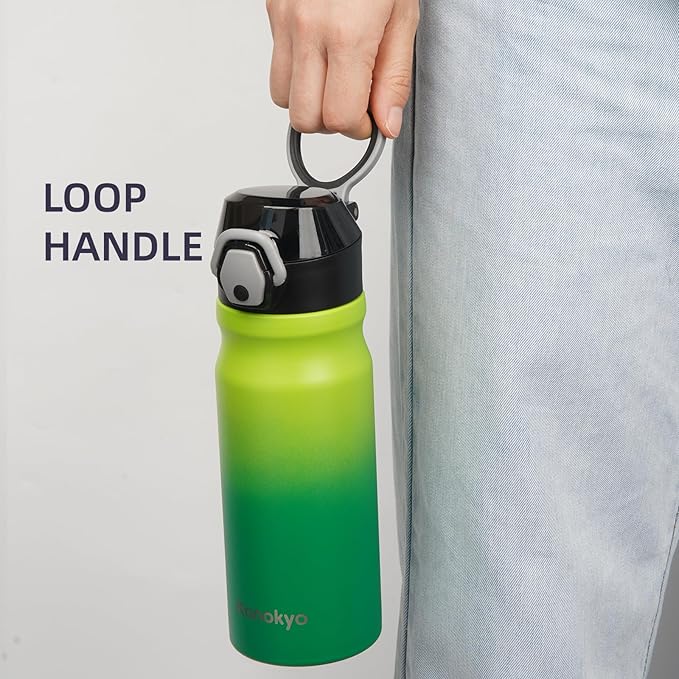 Insulated Water Bottle with Straw and Carry Loop,18 oz Stainless Steel Double Wall Vaccum Metal Water Flask with Leak-proof Lid,Matcha Green-FlexoryFit