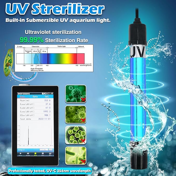 TARARIUM Aquarium Filter U-V for 20-75 Gallon, 200GPH Fish Tank Filter w/ 5W U-V Light Green Clean Machine Submersible Powerful Pump Internal Filter for Turtle Tank Saltwater Freshwater Crystal Clear