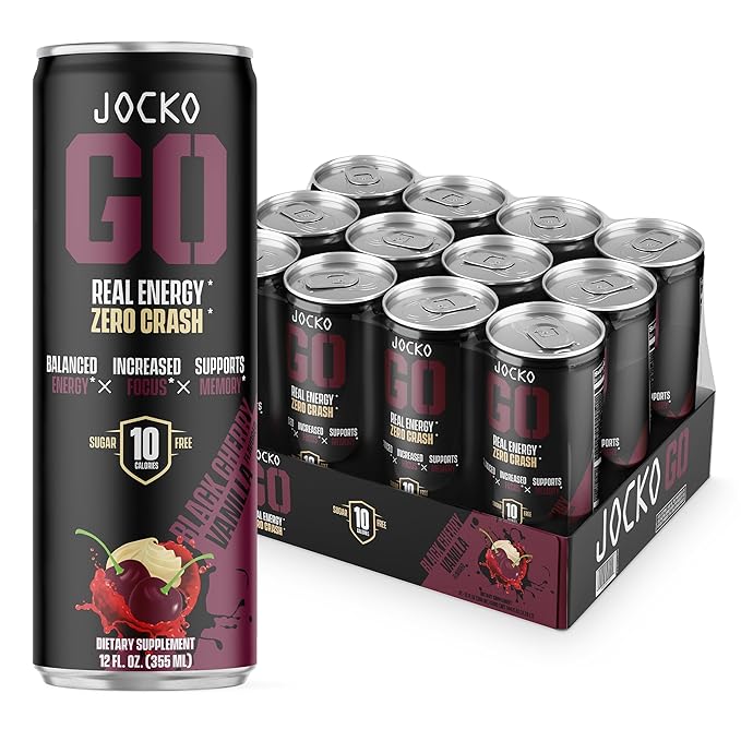 Jocko GO Energy Drink - Keto, Vitamin B12, Vitamin B6, Electrolytes, L Theanine, Magnesium- Energy Boost, Sugar Free Nootropic Monk Fruit Blend - 12 Pack (Black Cherry Vanilla)-FlexoryFit