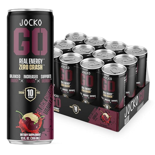 Jocko GO Energy Drink - Keto, Vitamin B12, Vitamin B6, Electrolytes, L Theanine, Magnesium- Energy Boost, Sugar Free Nootropic Monk Fruit Blend - 12 Pack (Black Cherry Vanilla)-FlexoryFit