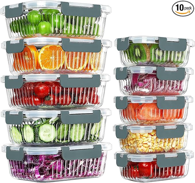 10 Packs Glass Meal Prep Containers with Lids, Glass Food Storage Containers Set, Airtight Lunch Containers, Microwave, Oven, Freezer and Dishwasher Safe, Gray-FlexoryFit