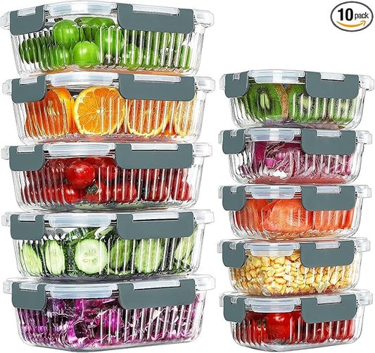 10 Packs Glass Meal Prep Containers with Lids, Glass Food Storage Containers Set, Airtight Lunch Containers, Microwave, Oven, Freezer and Dishwasher Safe, Gray-FlexoryFit