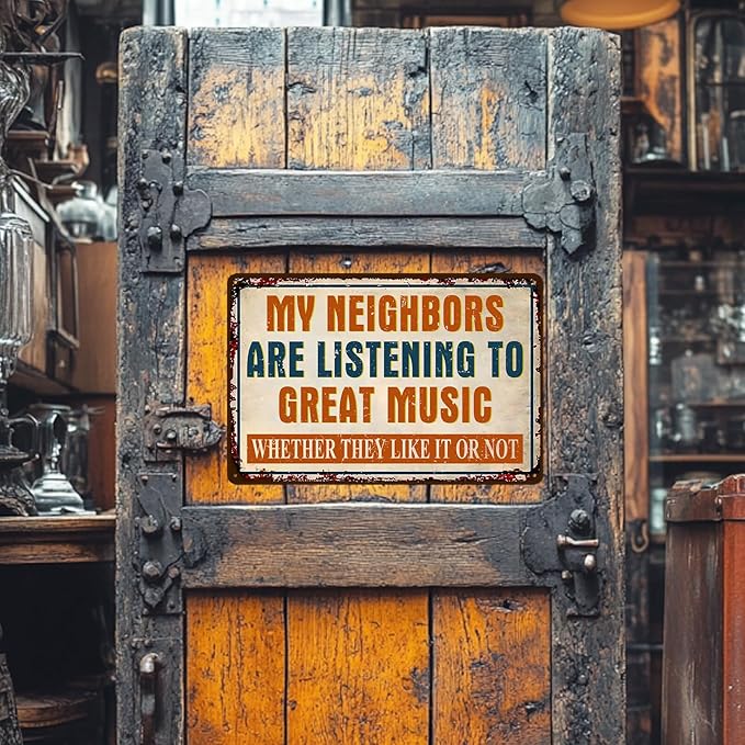 Man Cave Signs Garage Decor Vintage Music Wall Art for Game Room Patio Home Bar - Funny Garage Accessories for Men My Neighbors Are Listening To Great Music Metal Sign Gifts 8x12 Inch-FlexoryFit