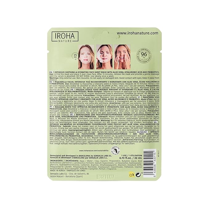 IROHA NATURE Comforting & Hydrating Tissue Face Mask with Aloe Vera | 15 Pieces | Aftersun Effect | 96% Natural Ingredients-FlexoryFit