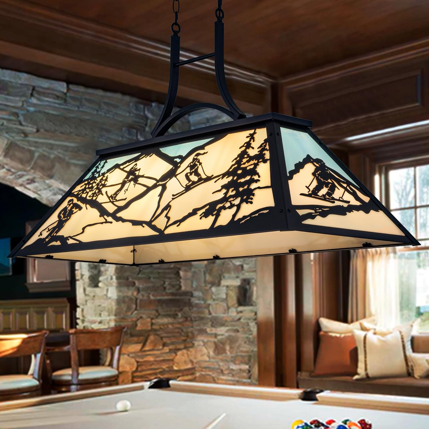 TOCHIC Tiffany Billiard Pool Table Lights, 43.3" Rustic Pool Table Lighting Fixture for 7' 8' Table, Farmhouse Chandelier with Ski Shade for Dining Game Room, Kitchen Island, Club Bar, Man Cave