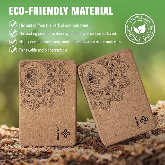 Overmont Cork Yoga Blocks 2 pack with 8ft Strap Natural Cork Bricks- High Density & Eco Friendly Yoga Accessories for Women - Ideal for Yoga Pilates General Fitness and Stretching 9x6x3''-FlexoryFit