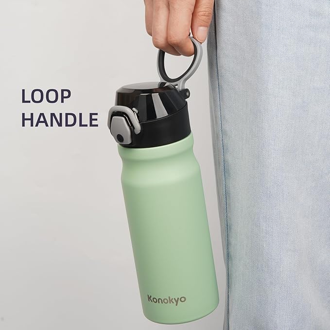 Insulated Water Bottle with Straw and Carry Loop,18 oz Stainless Steel Double Wall Vaccum Metal Water Flask with Leak-proof Lid, Avocado Green-FlexoryFit