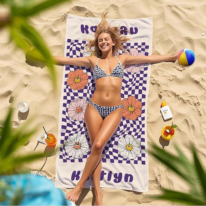 JML Personalized Beach Towel with Name, Custom Flower Beach Towel, Customized Microfiber Pool Towel, Quick Dry & Absorbent Swim Towel for Adult,Anniversary, Birthday, Summer Holiday,Vacation-FlexoryFit