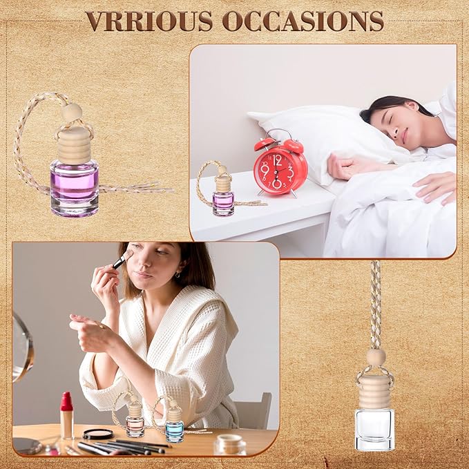 50Pcs Hanging Car Air Freshener Diffuser with Wooden Caps 8ML Empty Clear Car Diffuser Bottles Hanging Glass Essential Diffuser Oil Fragrance Perfume Pendant Glass Vial,Cylindrical