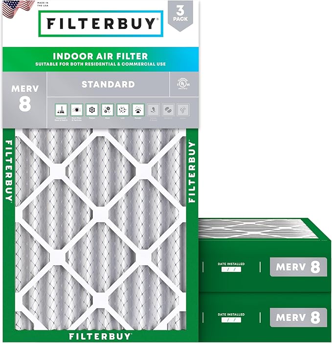 Filterbuy 16x25x4 Air Filter MERV 8 Dust Defense (3-Pack), Pleated HVAC AC Furnace Air Filters Replacement (Actual Size: 15.50 x 24.50 x 3.63 Inches)