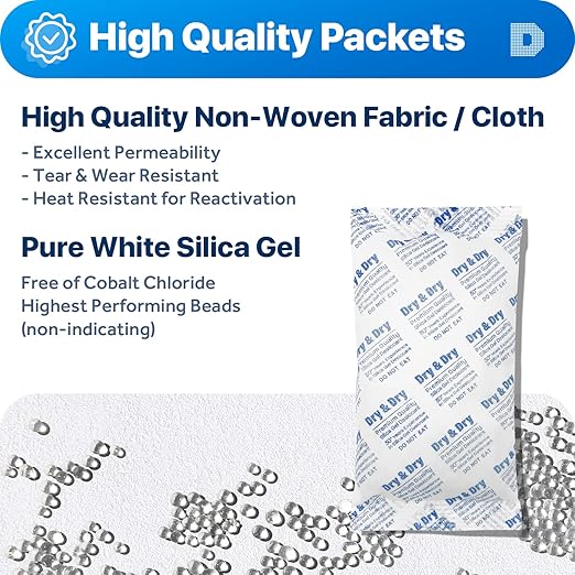 Dry & Dry 300 Gram [50 Packets] Silica Gel Packets Desiccants, Silica Packets - Rechargeable Silica Gel Packs, Desiccants Packets, Silica Gel
