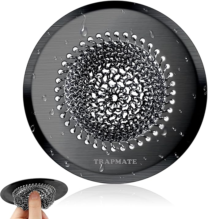 TRAPMATE Sink Drain Strainer | Reversible 304 Stainless Steel Kitchen Drain Cover | Anti-Clogging Garbage Disposal Strainer Fit US Standard Drain (Black)