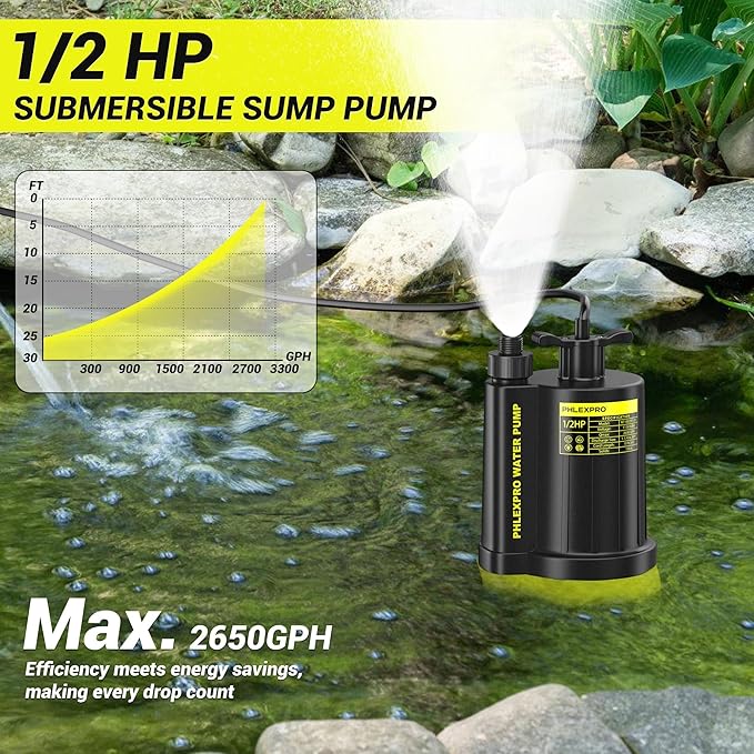 Sump Pump 1/2HP Submersible Water Pump, 2650GPH Utility Pump Thermoplastic Electric Portable Transfer Water Pump for Swimming Pool Garden Pond Basement with 16.4ft Long Power Cord