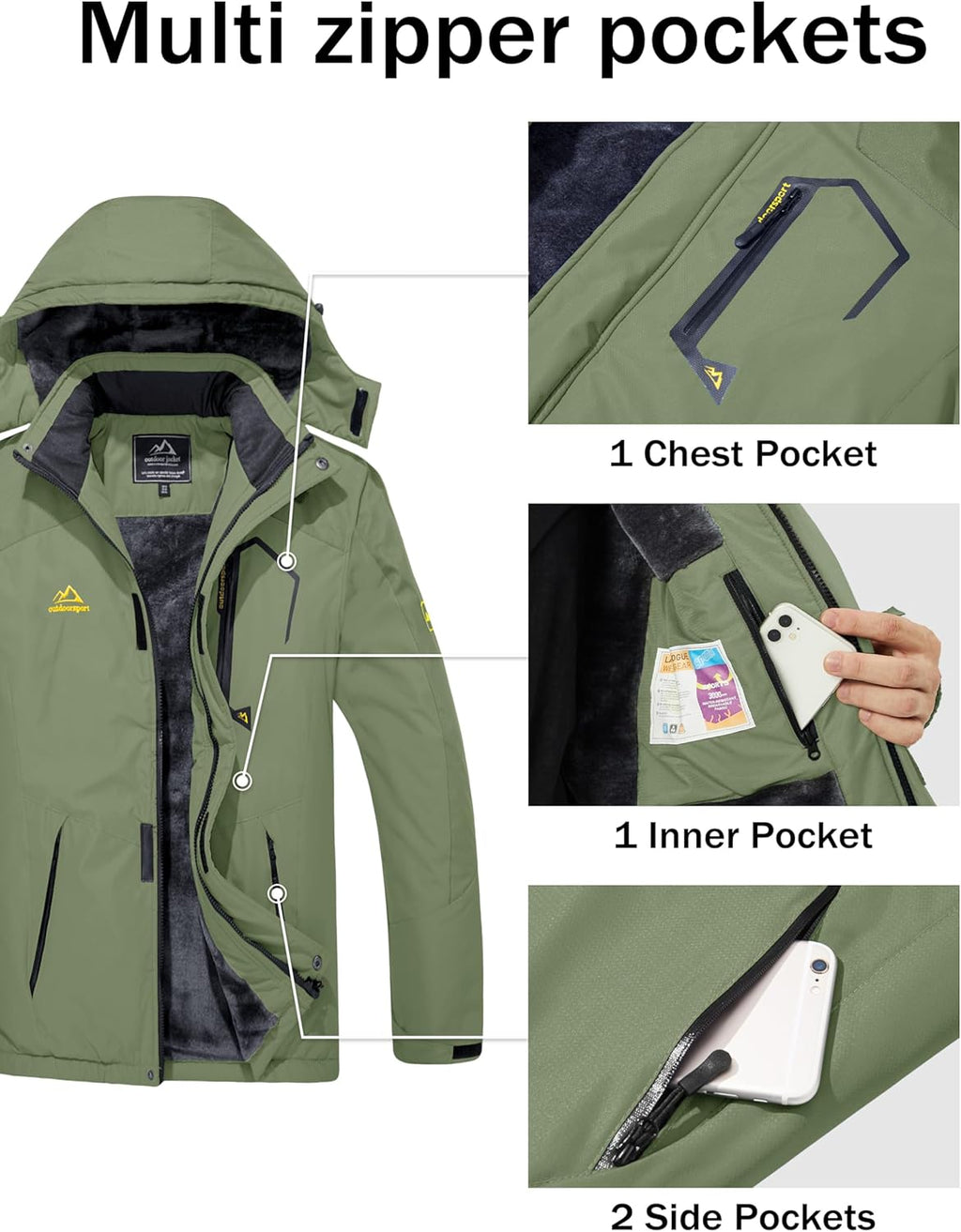 MAGCOMSEN Men's Winter Coats Water Resistant Ski Snow Jacket Warm Fleece Jacket Parka Raincoats With Multi-Pockets