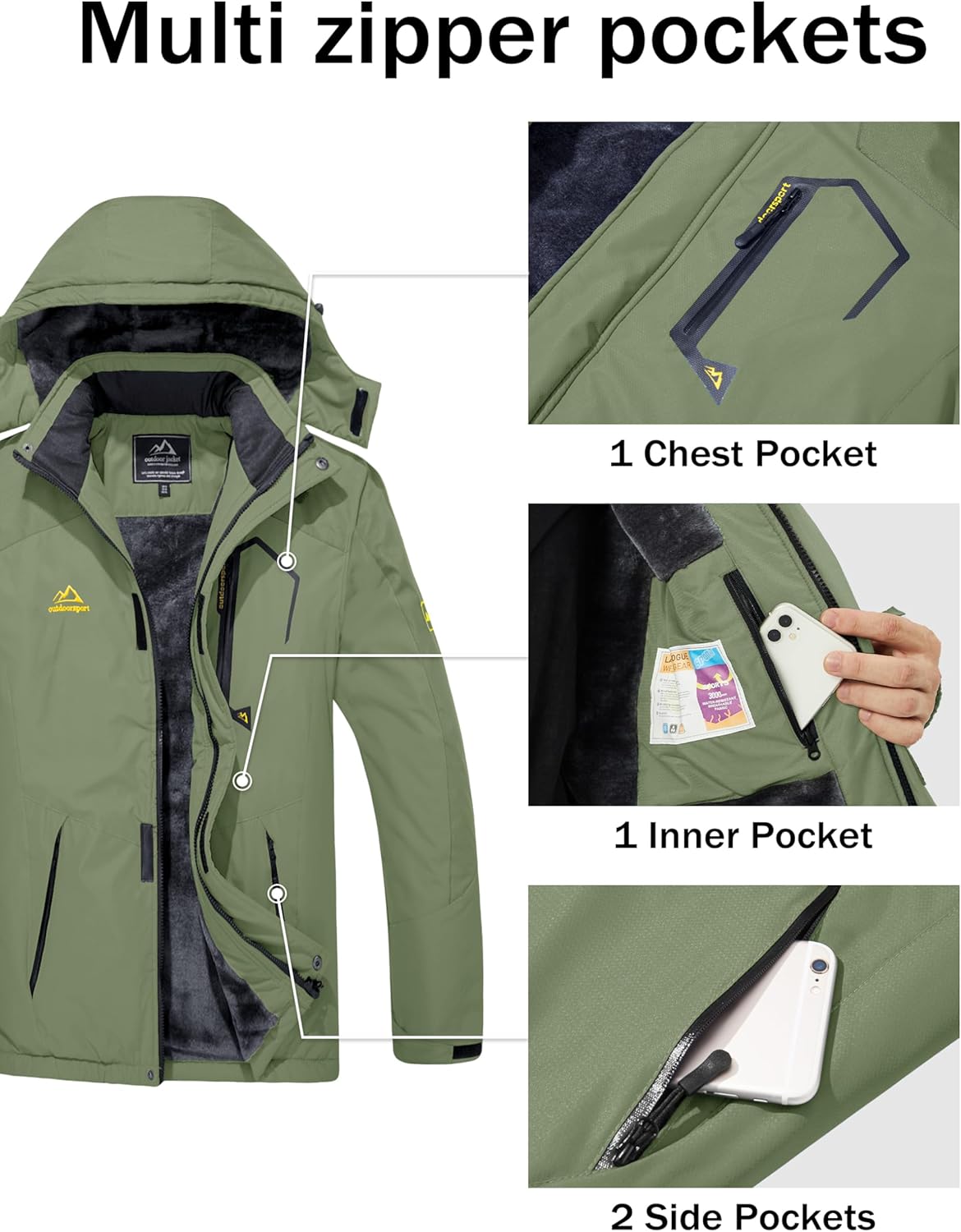 MAGCOMSEN Men's Winter Coats Water Resistant Ski Snow Jacket Warm Fleece Jacket Parka Raincoats With Multi-Pockets