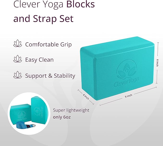 Clever Yoga Blocks 2 Pack with Strap - Extra Light Weight Sweat Repelling Foam Yoga Block Set with Cotton 8ft Yoga Stretch Strap - Yoga Block and Strap Set Kit for Beginner to Pro - Exercise-FlexoryFit