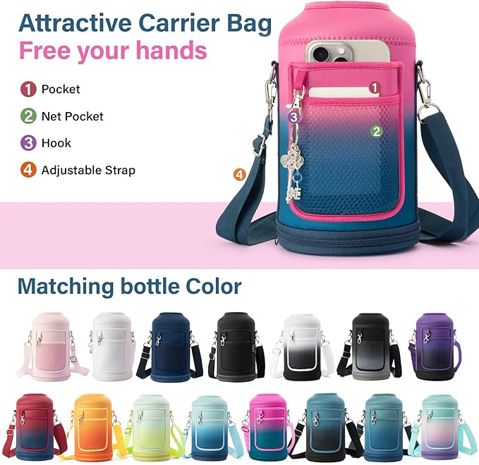 Insulated Water Bottle | Thickened Stainless Steel Vacuum Metal | Portable Sports Half Gallon Large Water Jug for Gym and Hiking with Straw, Carrier Bag, Handle Strap | BPA-Free 64 oz-FlexoryFit