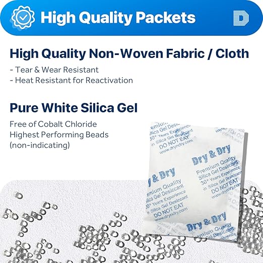 Dry & Dry 50 Gram [100 Packets] Silica Gel Packets Desiccants, Silica Packets - Rechargeable Silica Gel Packs, Desiccants Packets, Silica Gel