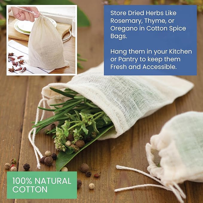 Spice bag | Muslin Bags with Drawstring, Reusable Tea Bags| Spice Bags for Cooking Soup/Herb/Loose Leaf Tea| Gift Bag Jewelry Pouch Bag| Natural Cotton Cheese Cloth Bag for Straining| 30 Pieces 3"x4"