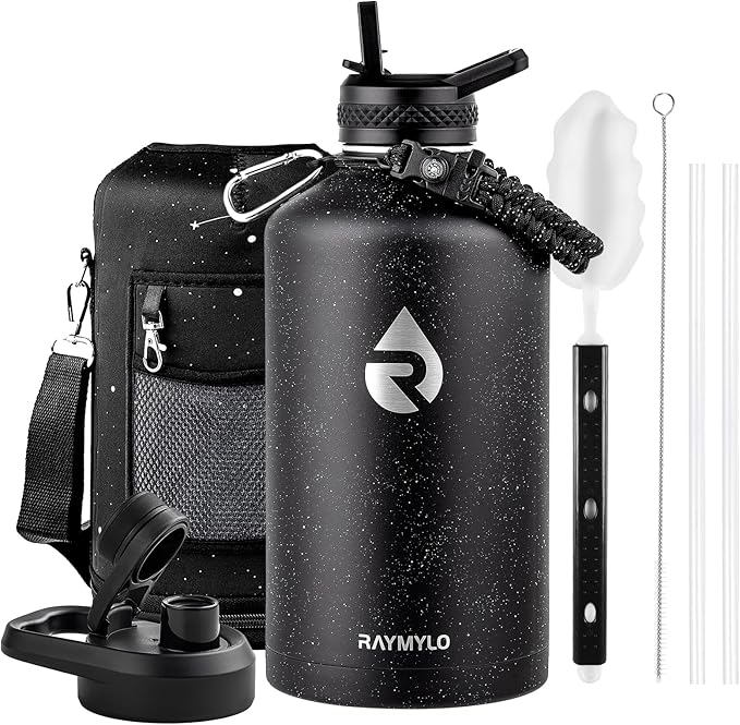 128oz Insulated Water Bottle, Triple Wall Vacuum Stainless Steel Water Bottles - Keeps Cold 48H, Reusable One Gallon Flask Jug for Gym, Sports, Camping, Hiking,Travel, Black Speckled-FlexoryFit